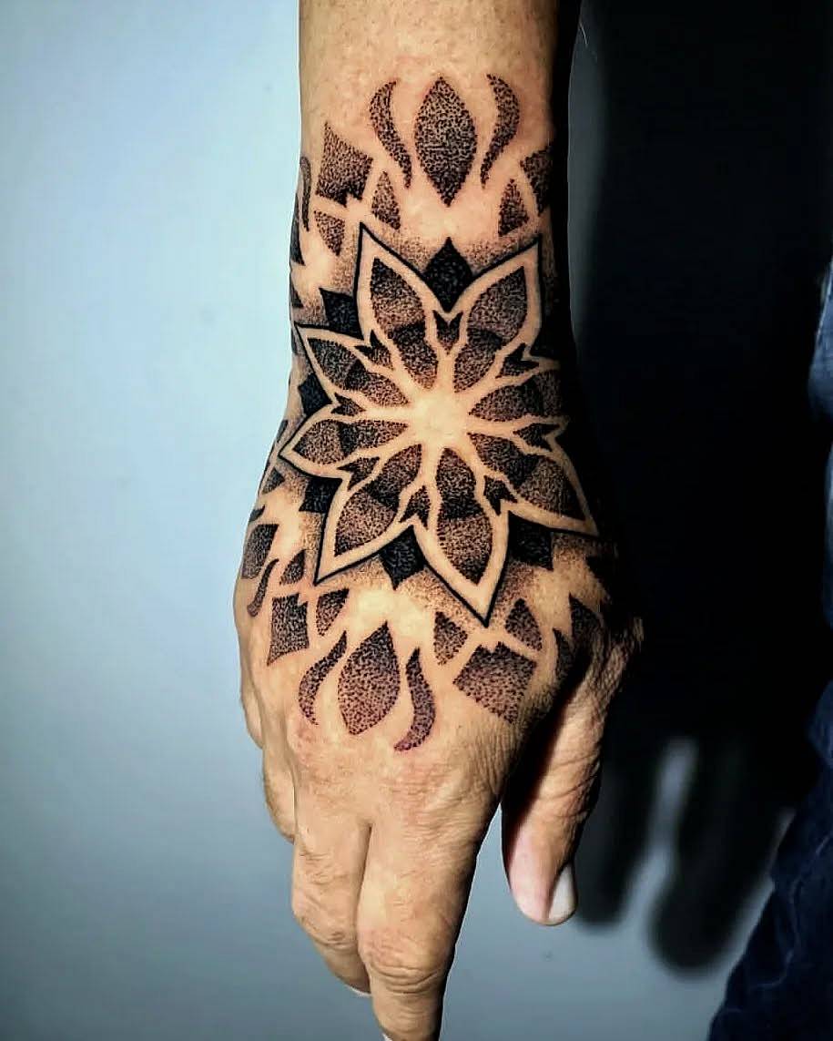 Dotwork Mandala Hand Tattoo
