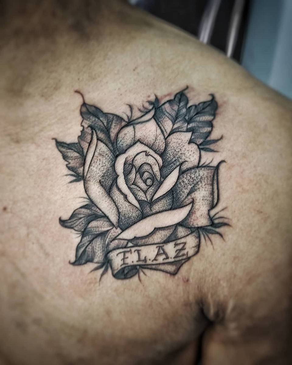Dotwork Rose with Initial Banner