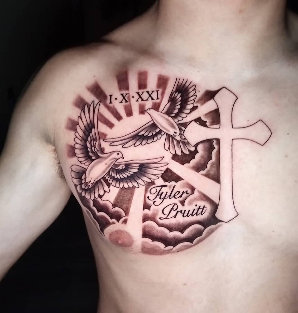 Doves and Cross Memorial Chest Tattoo