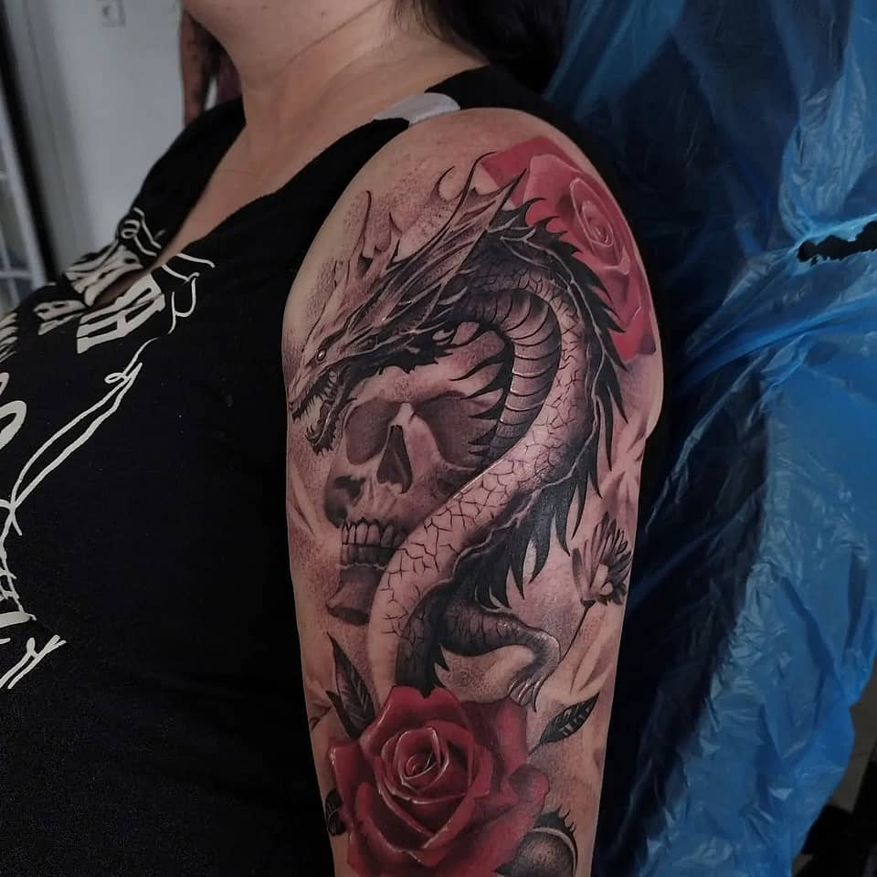 Dragon and Skull with Red Roses