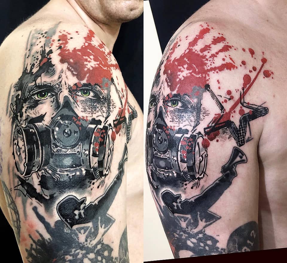 Dystopian Gas Mask Portrait with Red Splatter