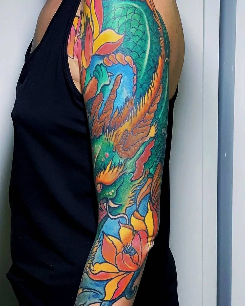 Emerald Dragon and Golden Lotus Sleeve