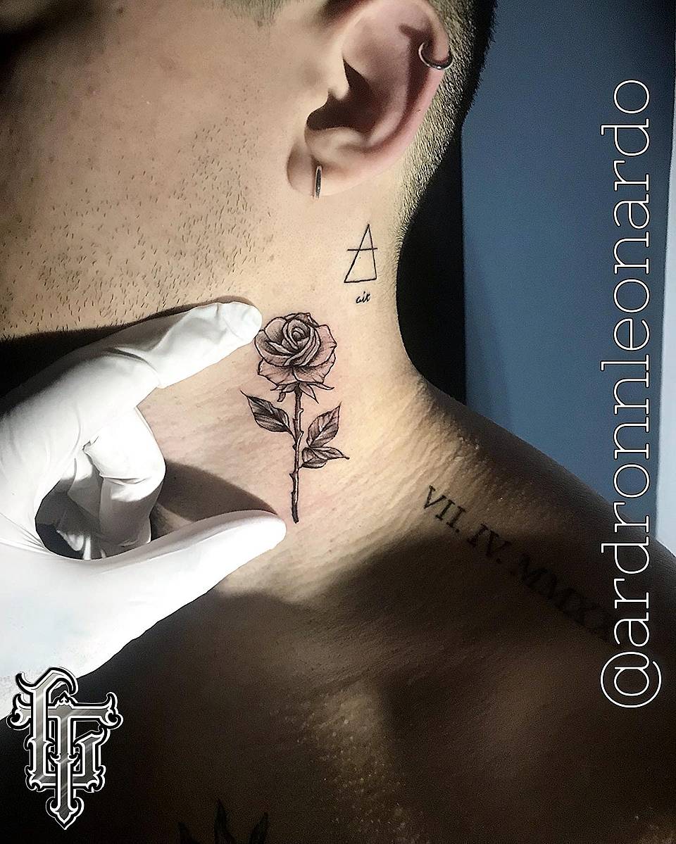 Fine-Line Rose Neck Tattoo