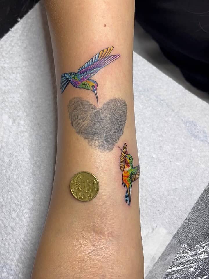 Fingerprint Heart with Colorful Hummingbirds