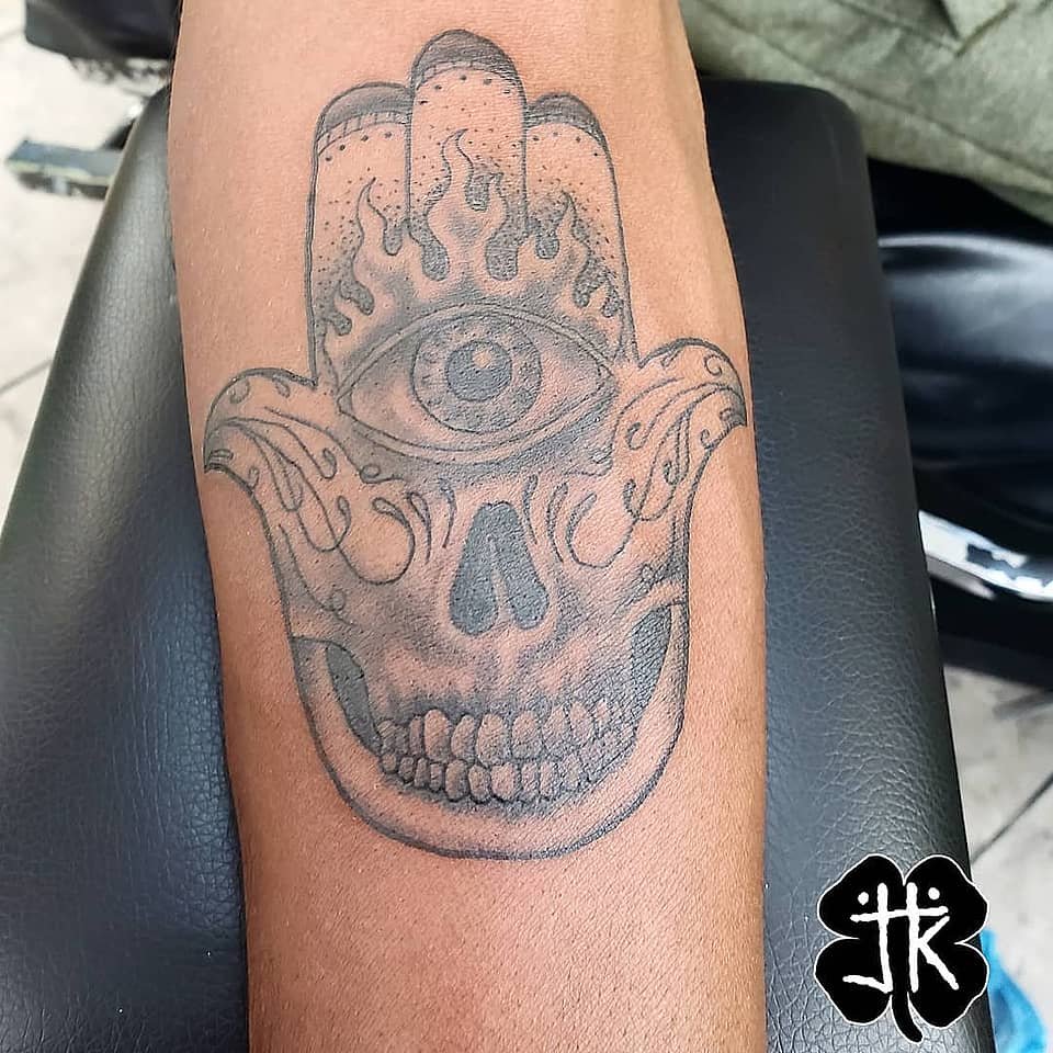 Flaming Hamsa Skull with All-Seeing Eye