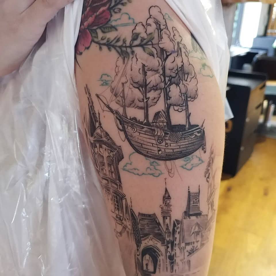 Floating Ship Over Gothic City
