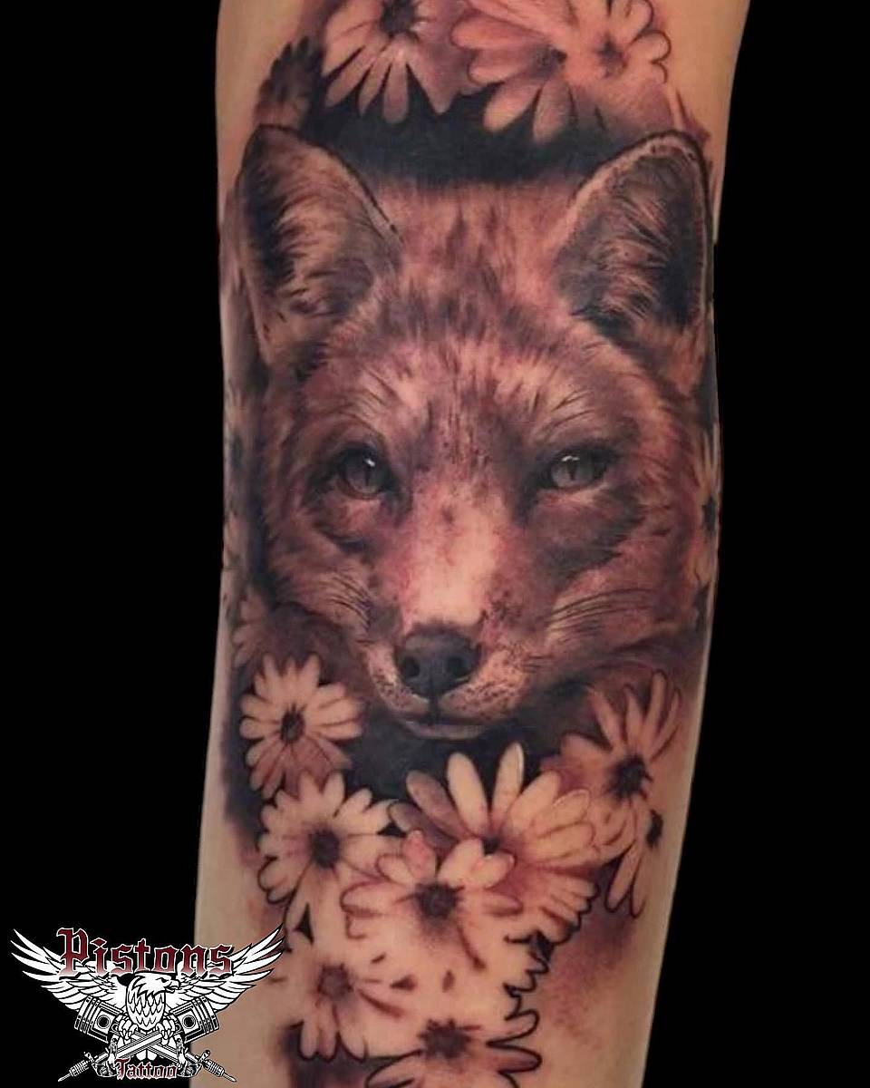 Fox Portrait with Daisies