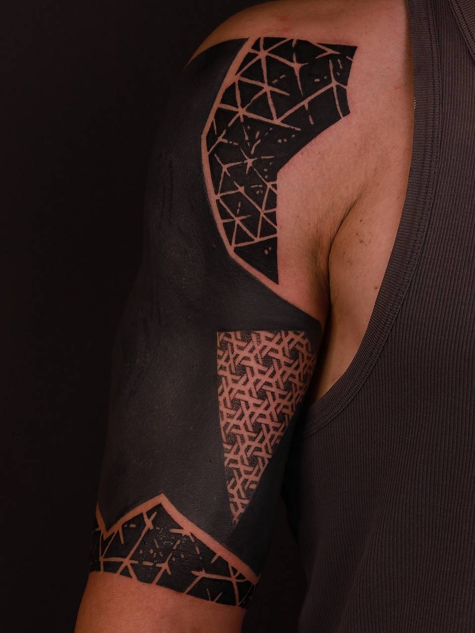 Fragmented Geometric Blackwork Half-Sleeve