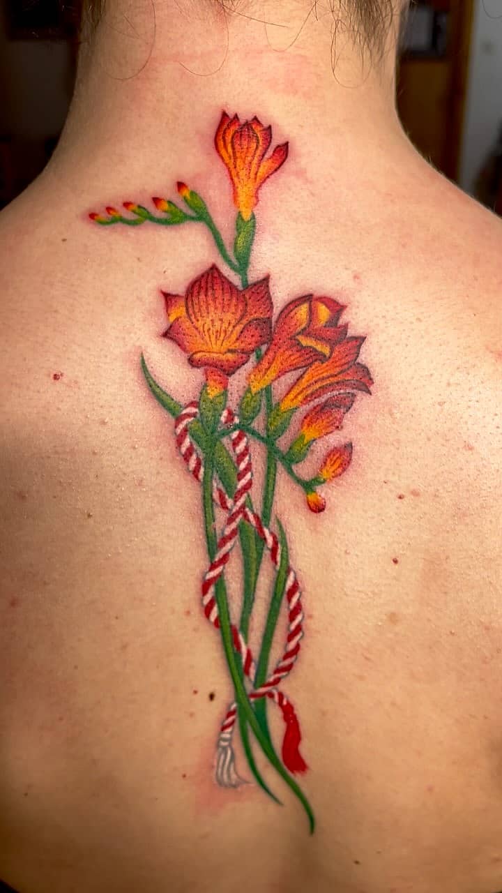 Freesia Bouquet with Red-and-White Cord