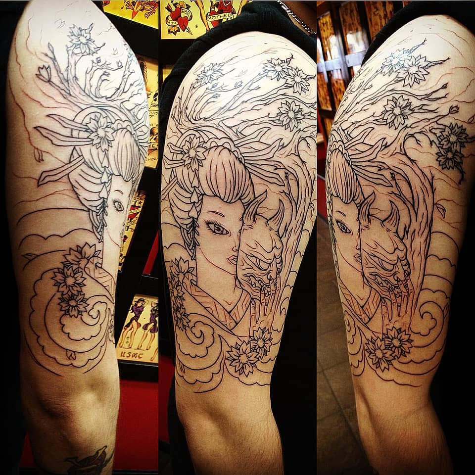Geisha and Hannya Amid Sakura