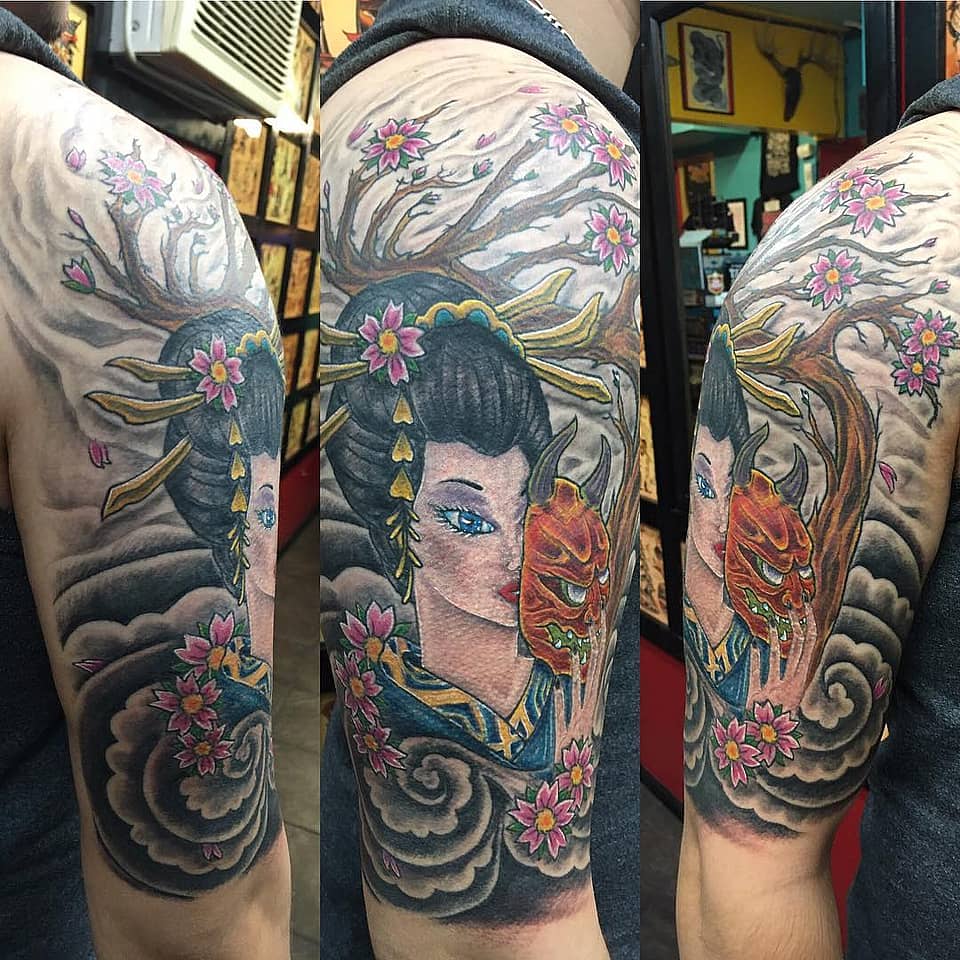 Geisha and Hannya Under Sakura