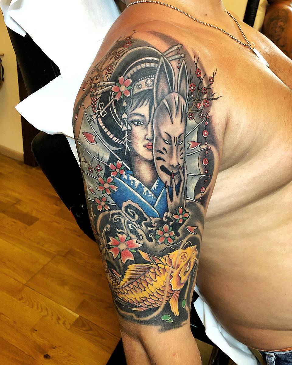 Geisha with Kitsune Mask and Koi Half-Sleeve