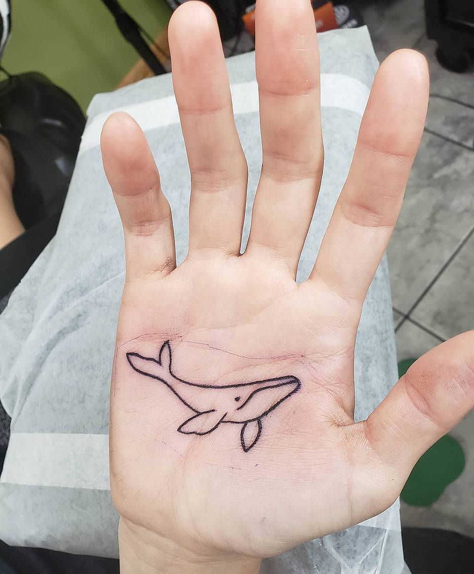 Gentle Whale Linework Palm Tattoo