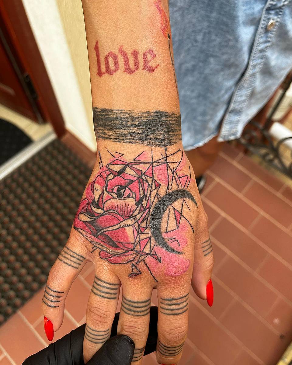 Geometric Rose with Crescent Moon