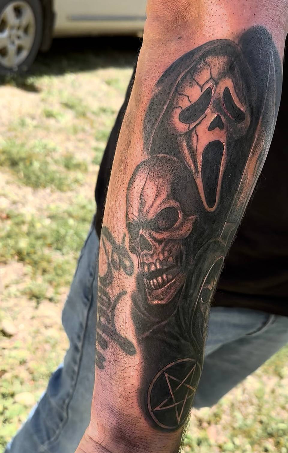 Ghostface & Skull Black-and-Grey Horror Tattoo