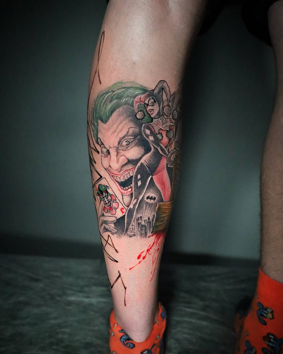 Gotham Duo: Joker & Harley Calf Tattoo