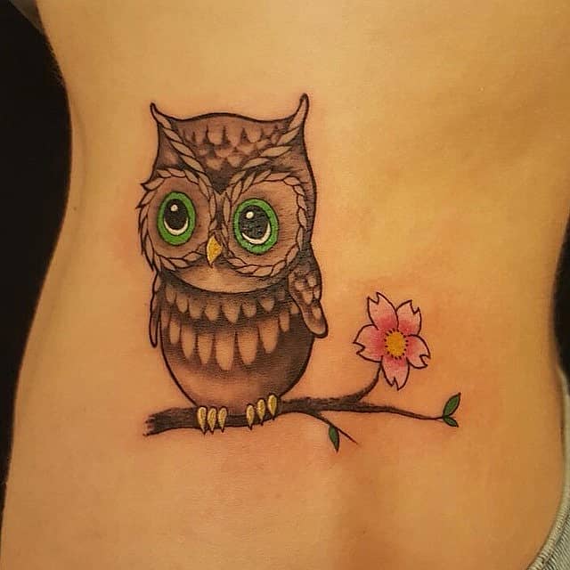 Green-Eyed Owl on Cherry Blossom Branch