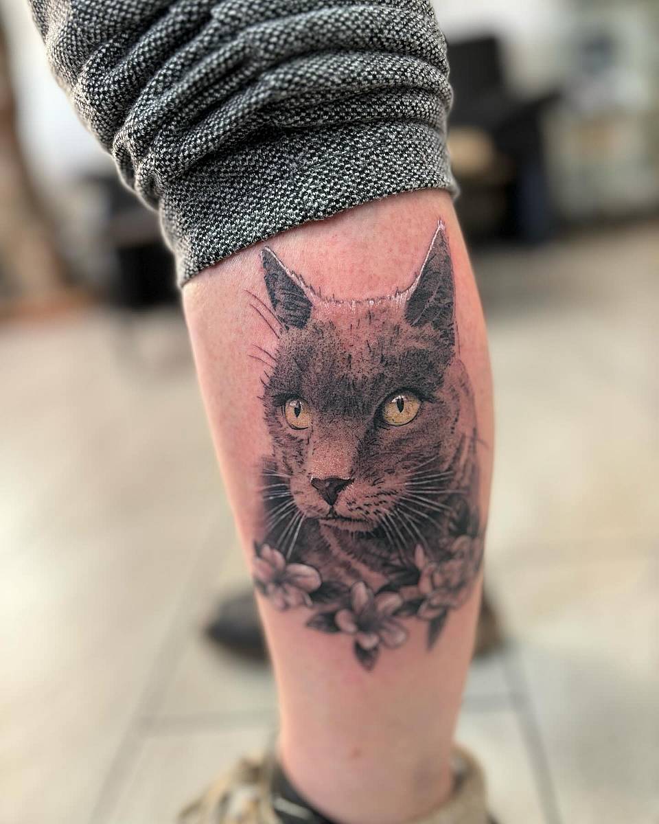 Grey Cat Portrait with Flowers