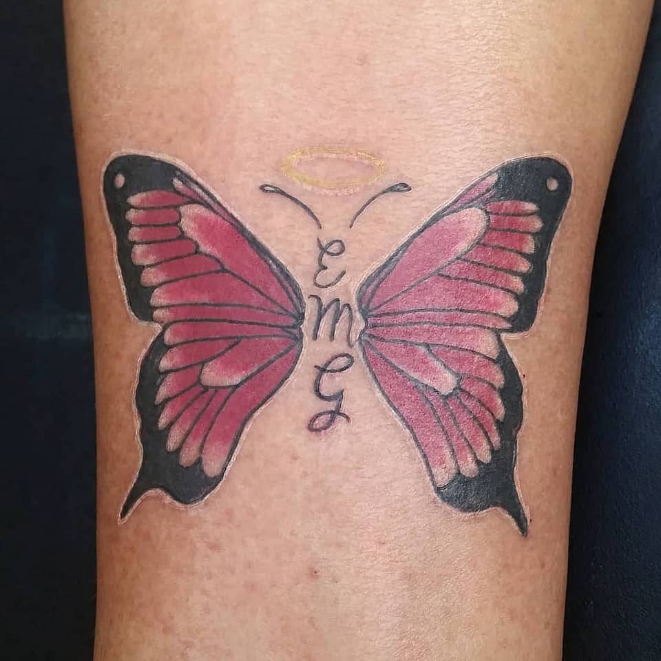 Halo-Kissed Butterfly with Script