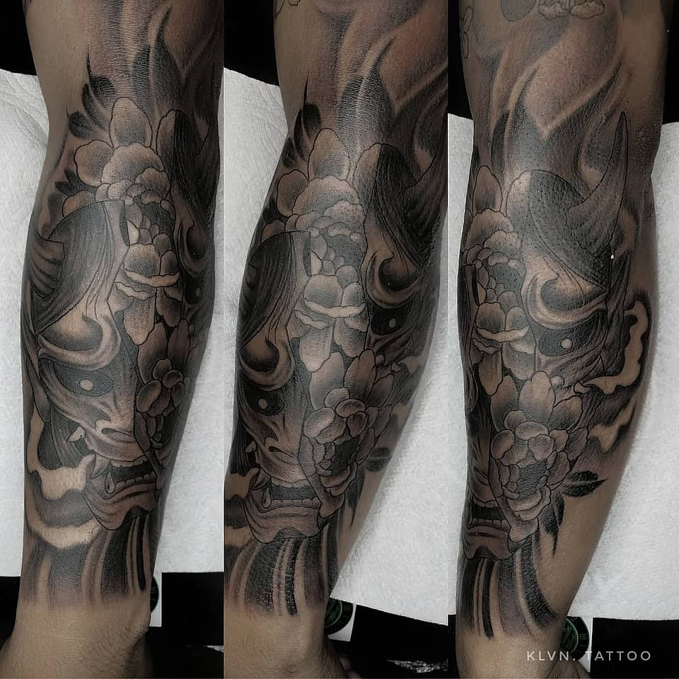 Hannya and Peonies — Black & Grey Japanese Panel