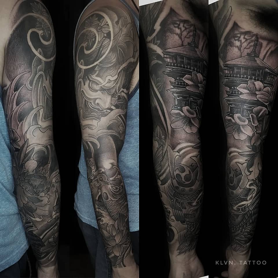 Hannya, Koi & Pagoda Japanese Black-and-Grey Sleeve