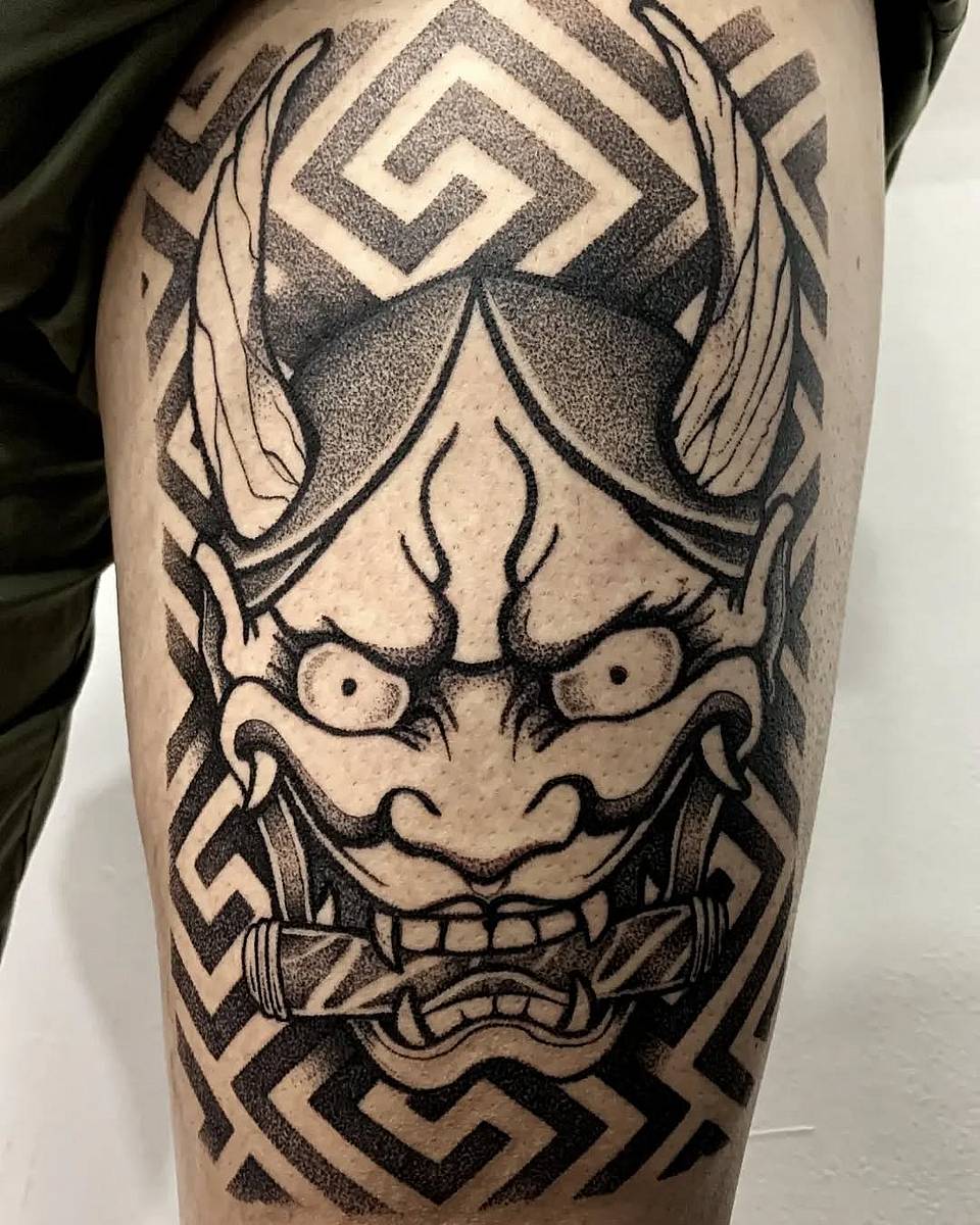 Hannya Mask with Geometric Background