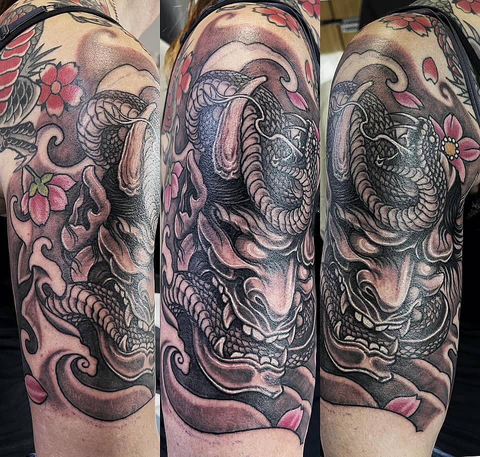 Hannya Mask with Snake and Sakura