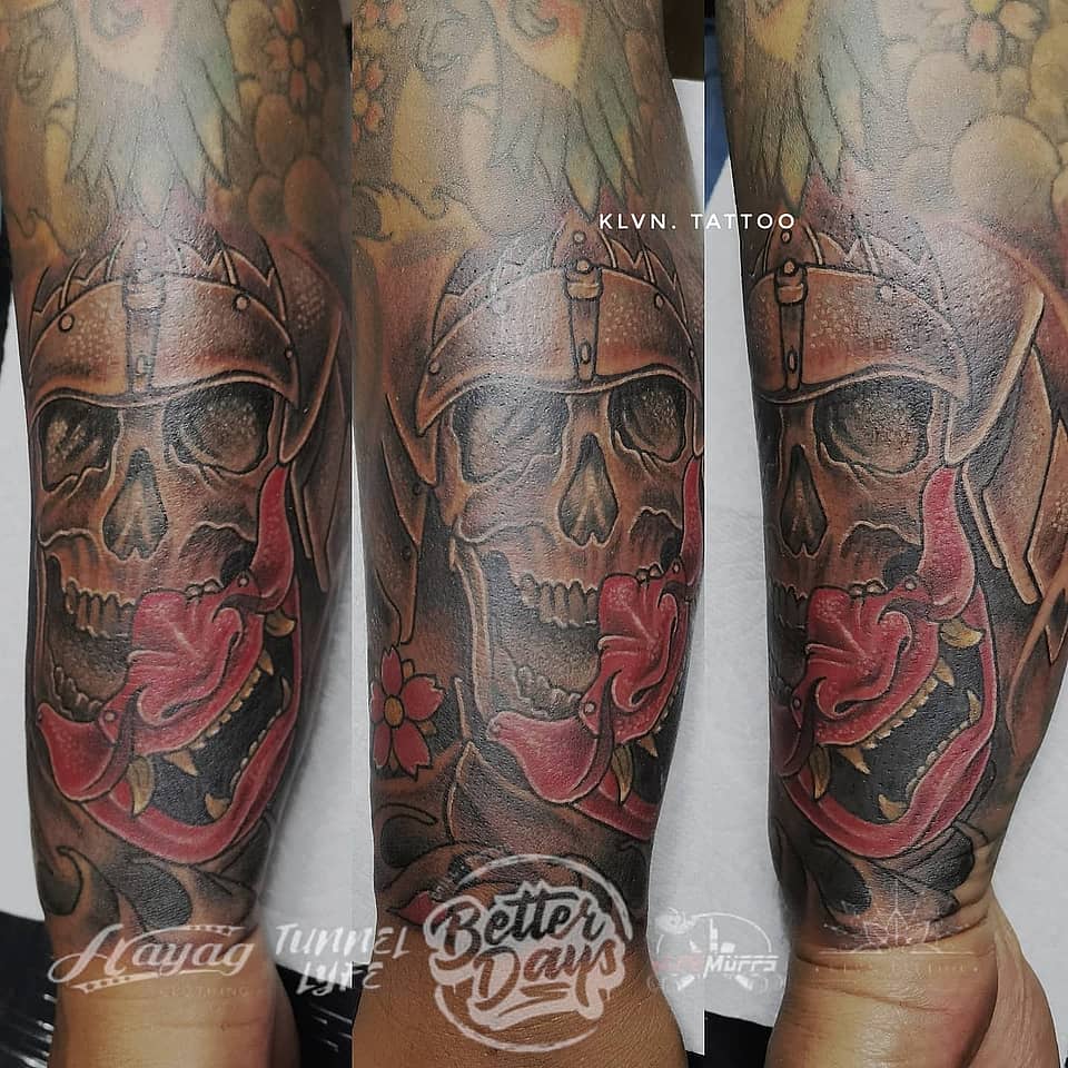 Helmed Skull and Cherry Blossoms