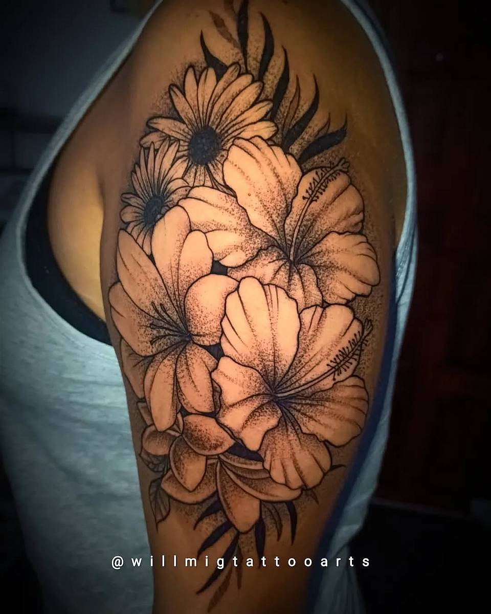 Hibiscus & Daisy Blackwork Bouquet
