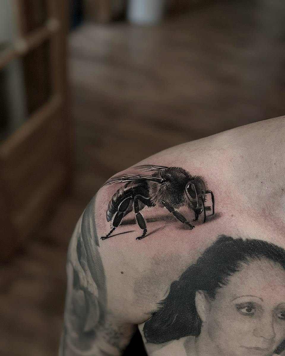 Honey Bee Realism Shoulder Tattoo