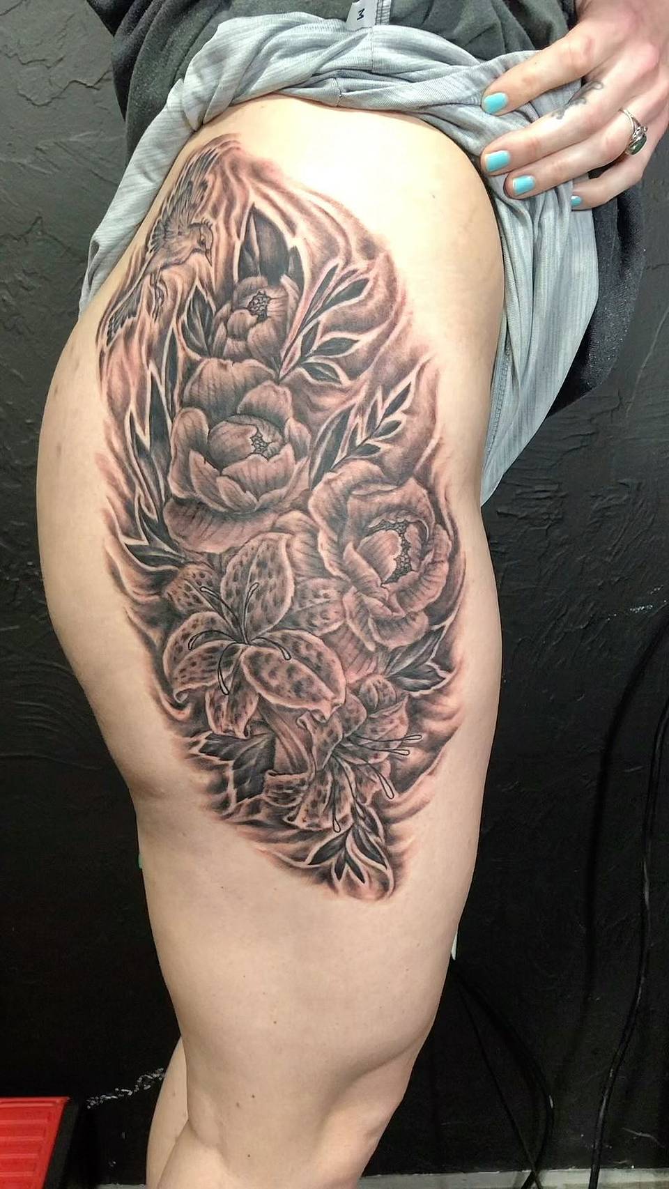 Hummingbird Over Peony and Lily Bouquet
