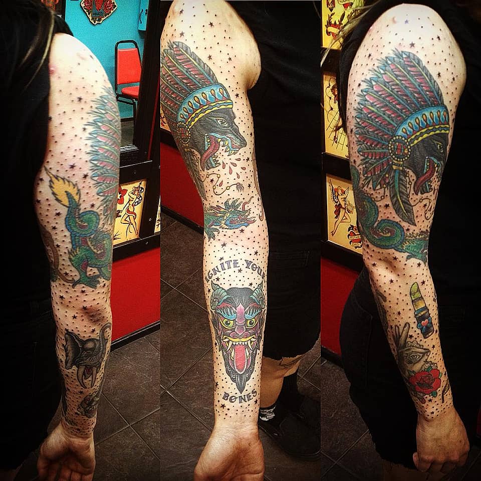 Ignite Your Bones Wolf and Serpent Neo-Trad Sleeve