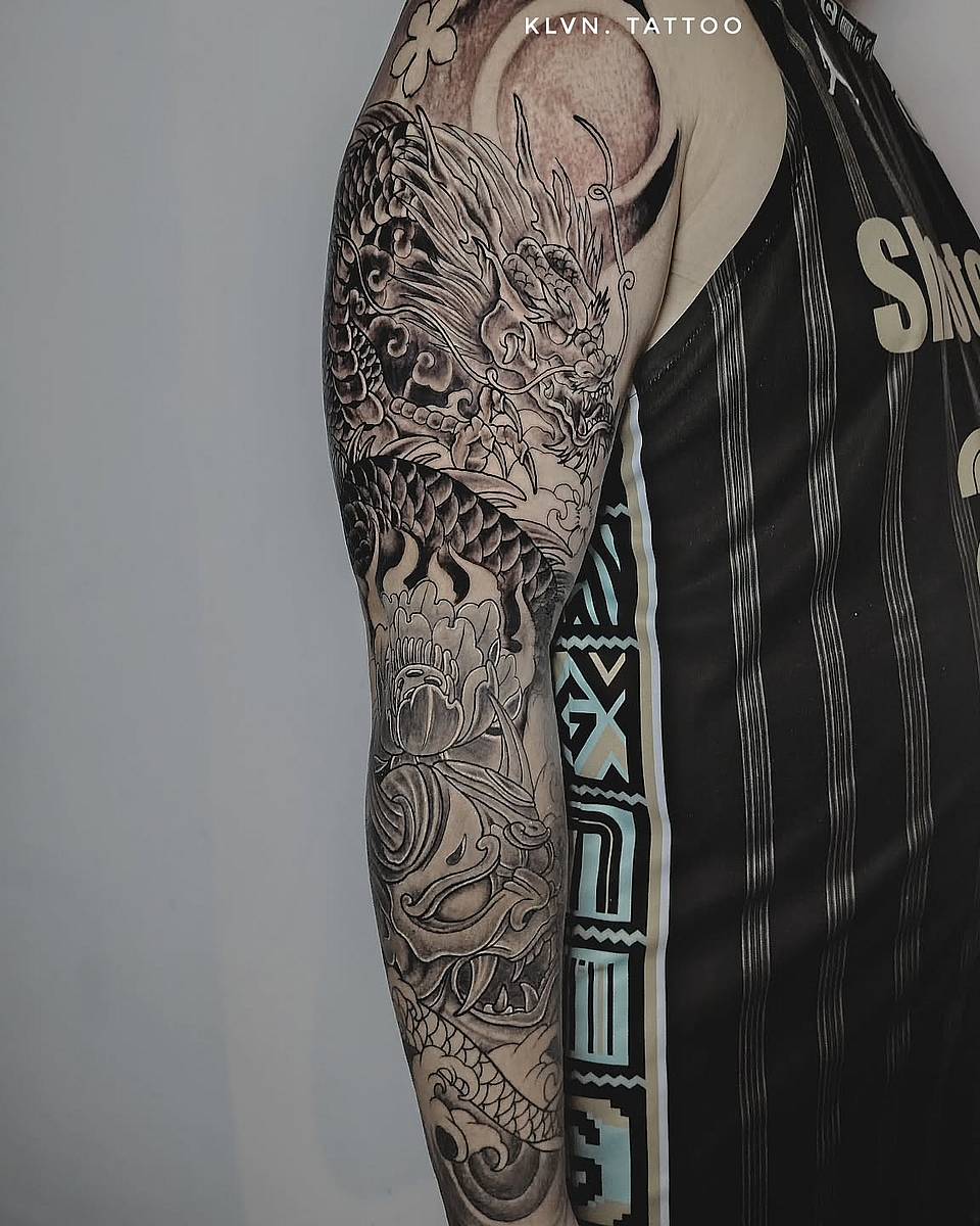 Japanese Dragon Sleeve with Hannya and Peony