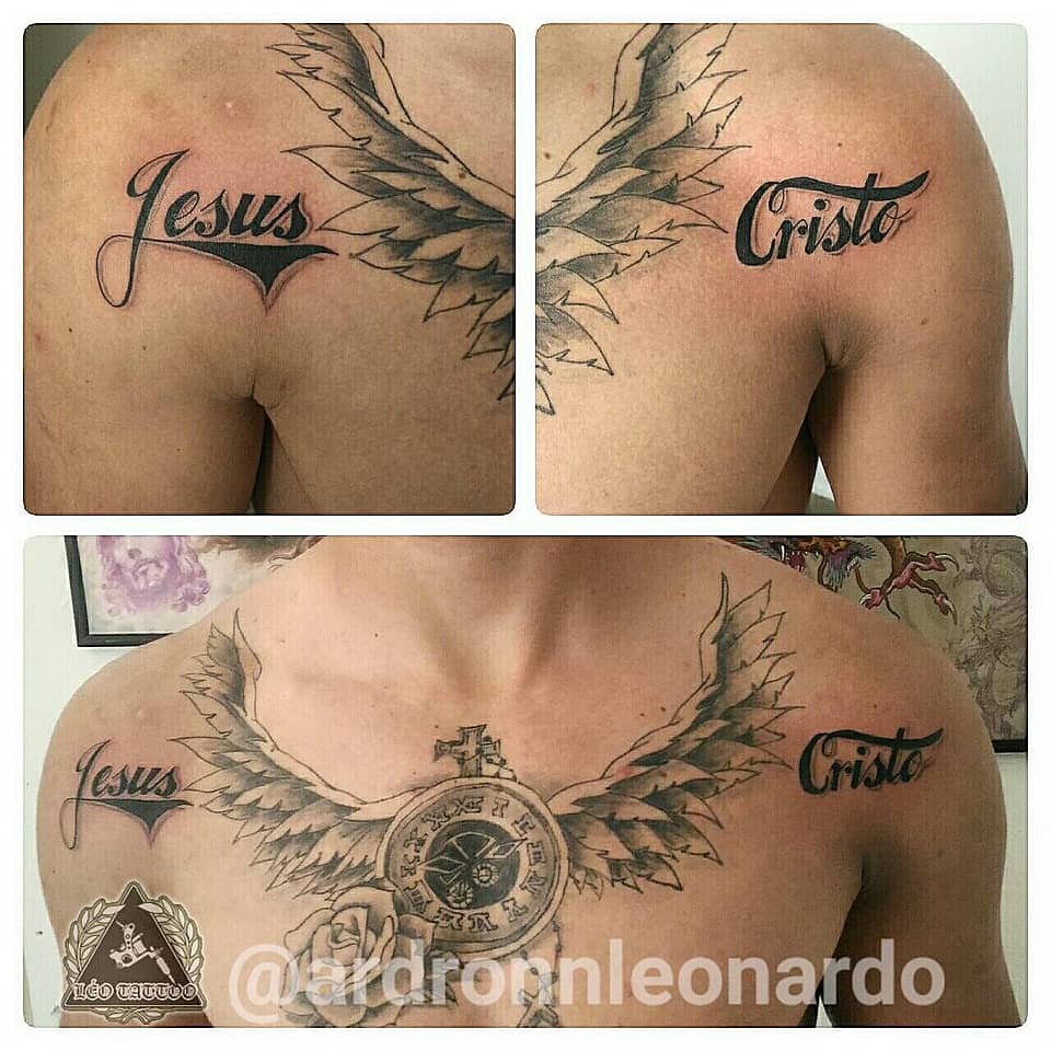 Jesus Cristo Chest Piece with Wings, Pocket Watch & Rose