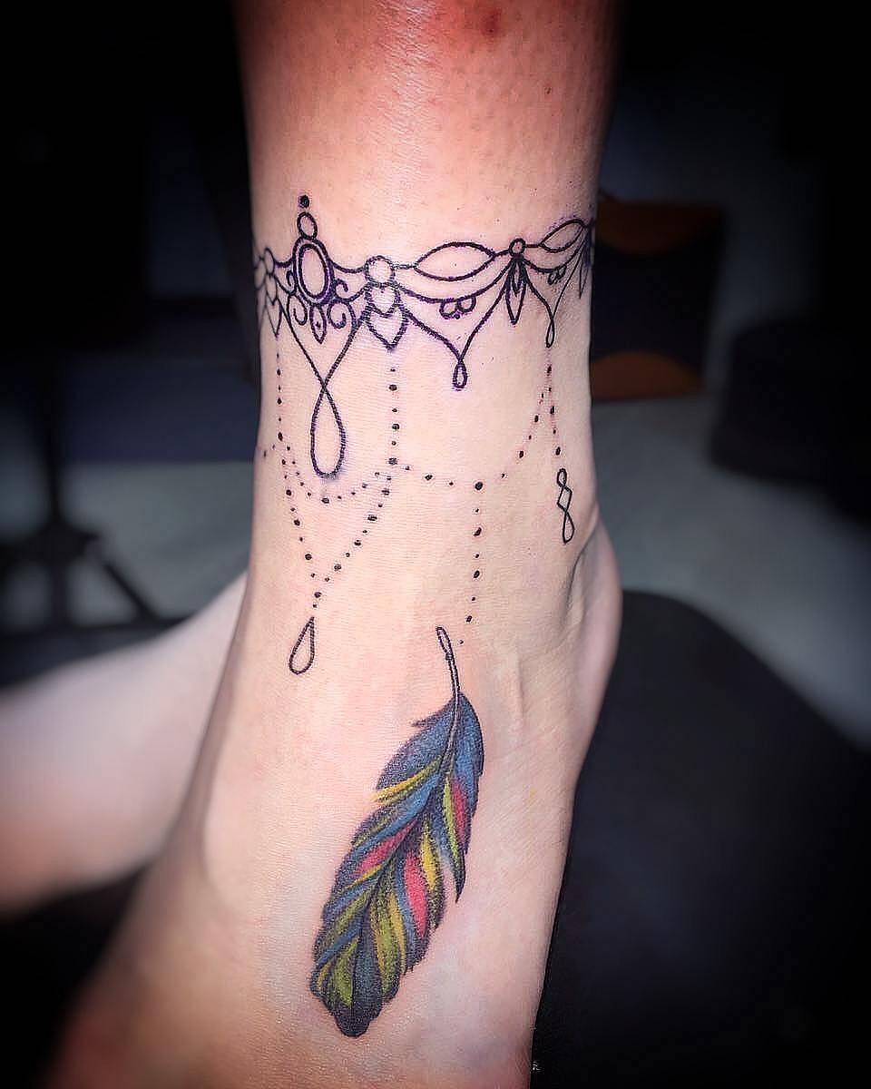 Jeweled Anklet with Rainbow Feather