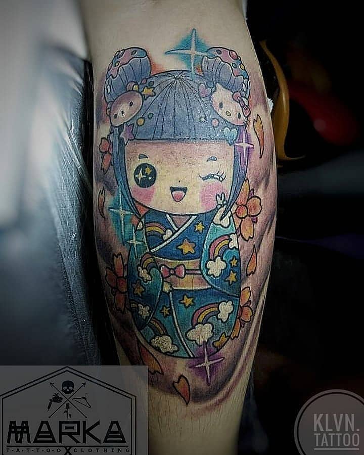 Kawaii Kokeshi Doll with Sakura & Stars
