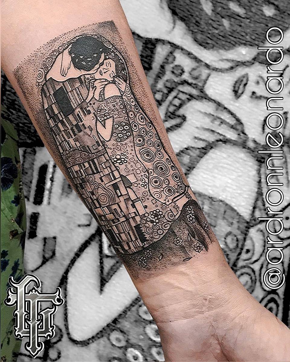 Klimt-inspired Kiss — Dotwork Blackwork