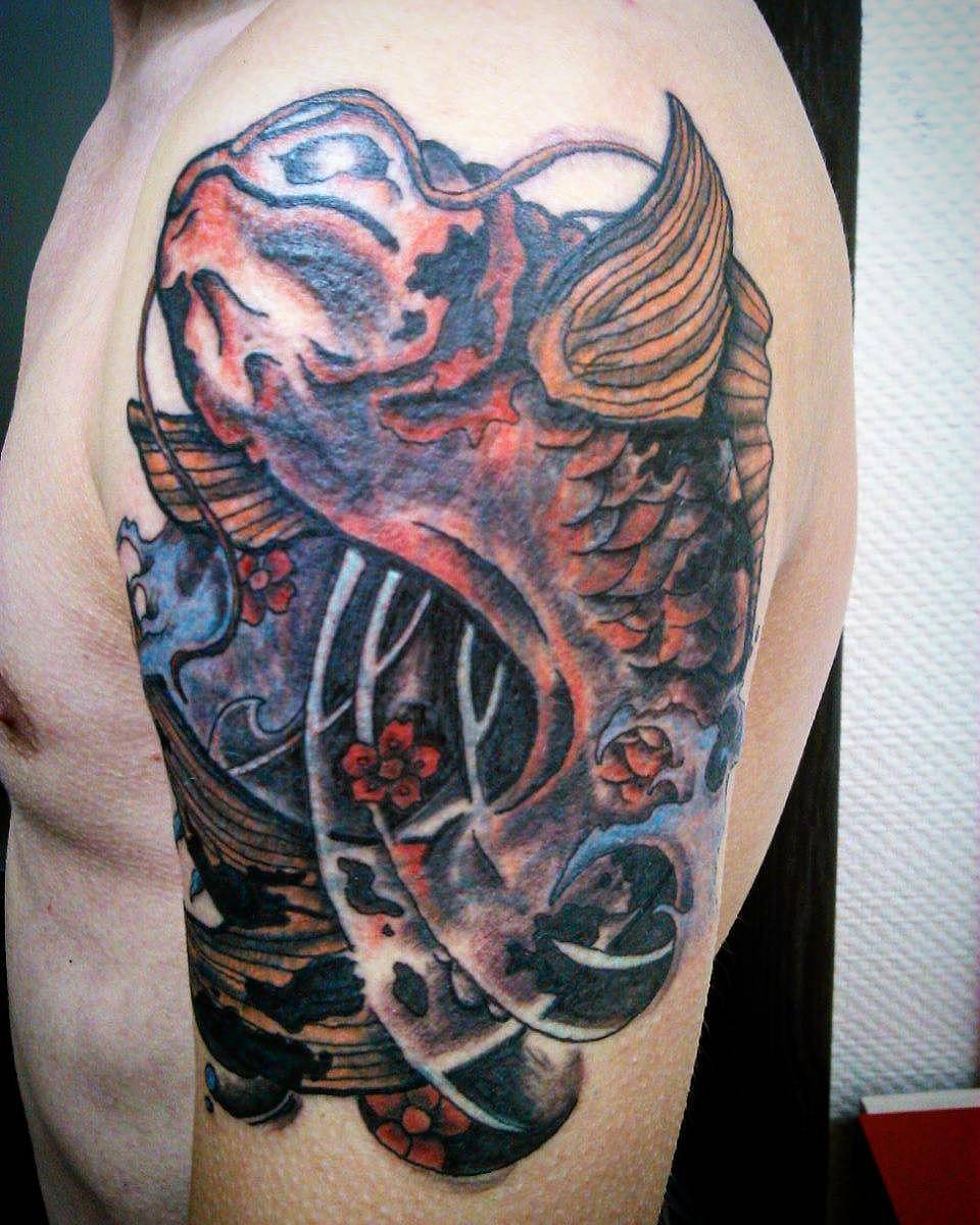 Koi and Cherry Blossom Upper Arm Tattoo