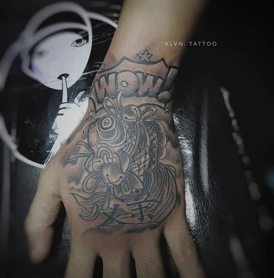 Koi Hand Tattoo with "WOW" Banner