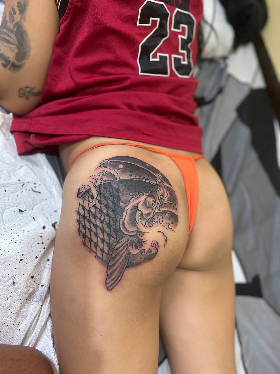 Koi & Waves Hip Tattoo