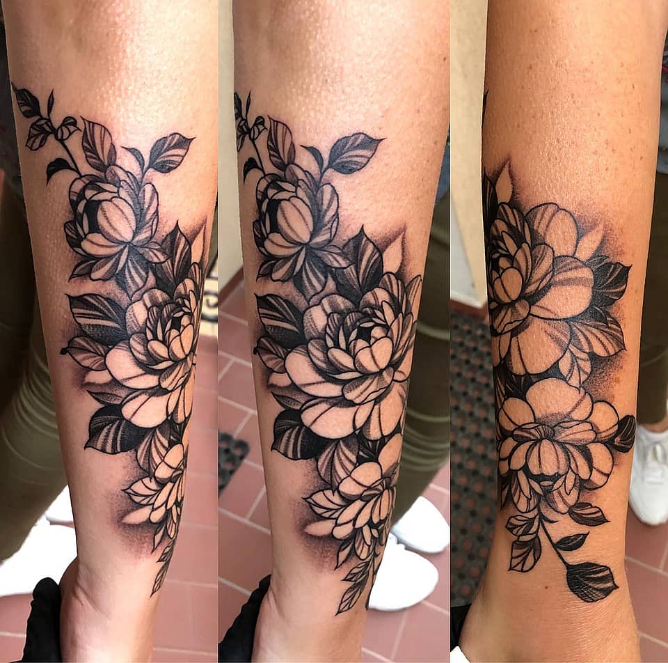 Layered Blackwork Peony Cluster