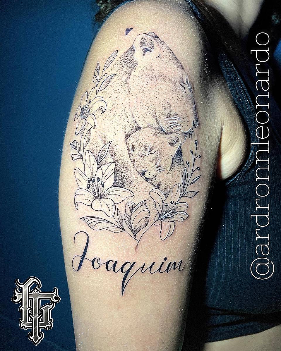 Lioness and Cub with Lilies