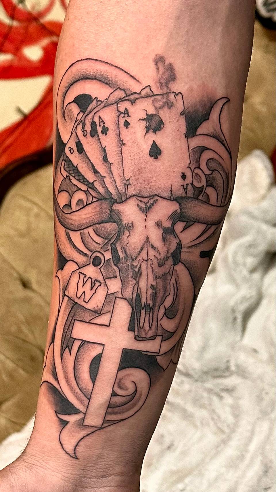 Longhorn Skull with Aces and Cross