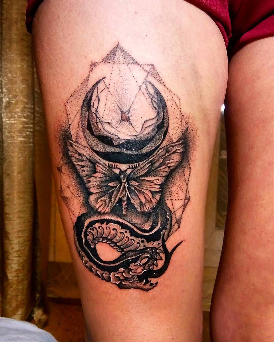 Lunar Moth and Serpent Geometric Thigh Tattoo
