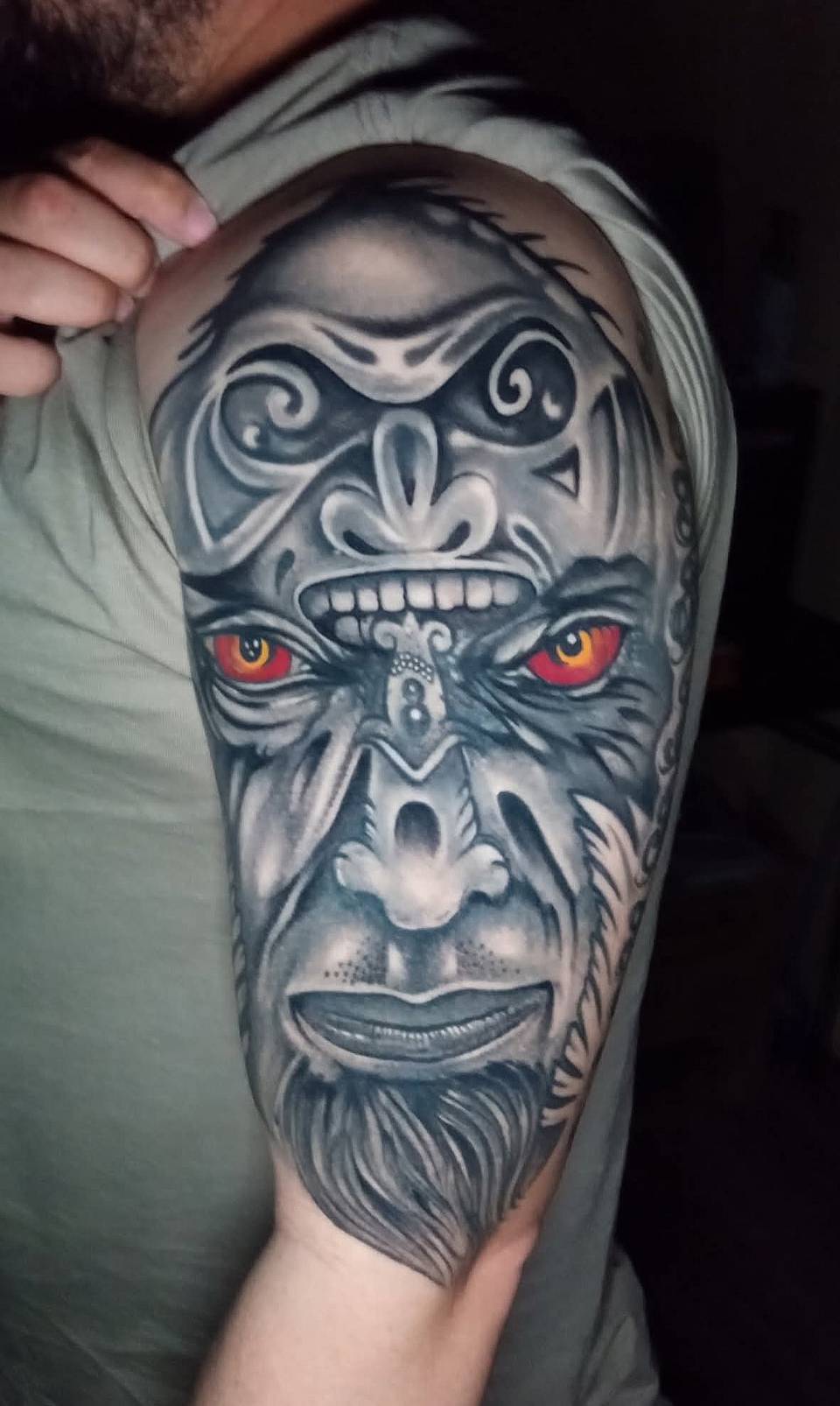 Masked Demon Portrait with Red Eyes