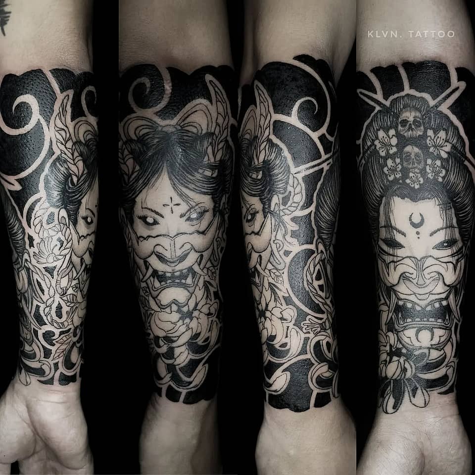 Masked Oni Geisha Blackwork