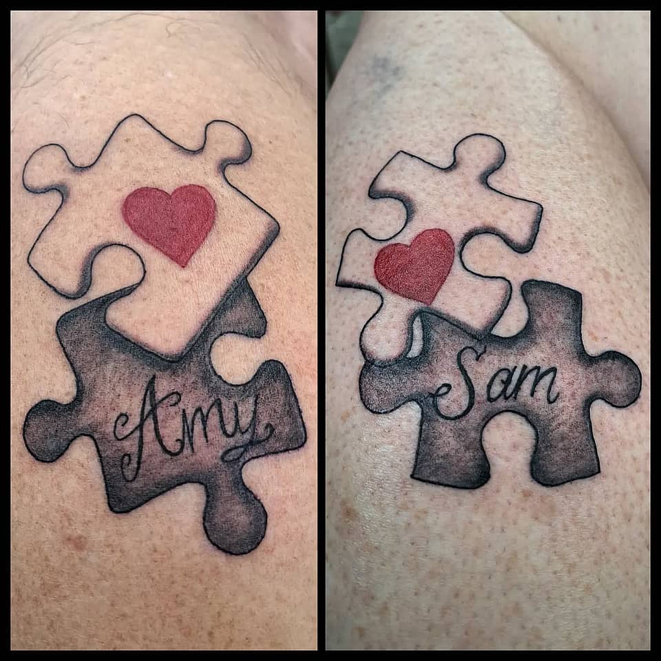 Matching Puzzle Heart Couple Tattoo