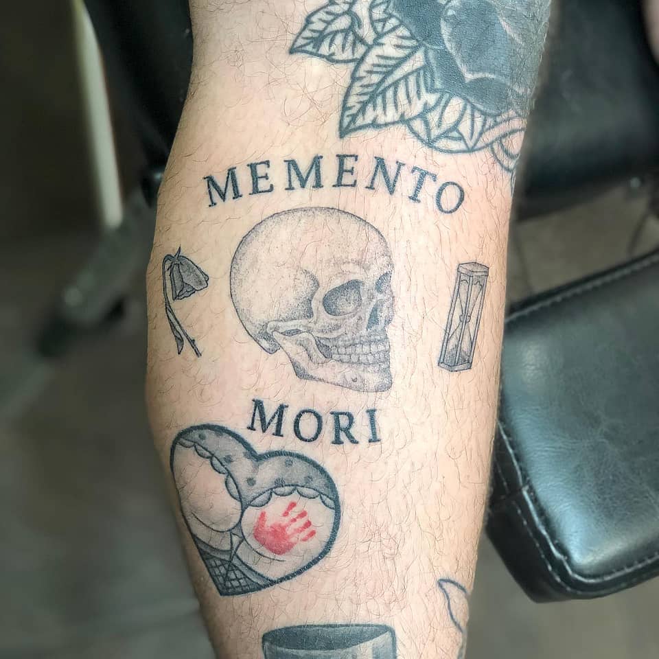 Memento Mori Skull with Hourglass and Moth