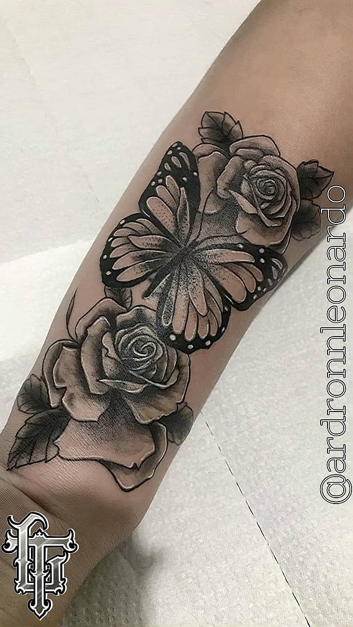 Monochrome Butterfly with Roses