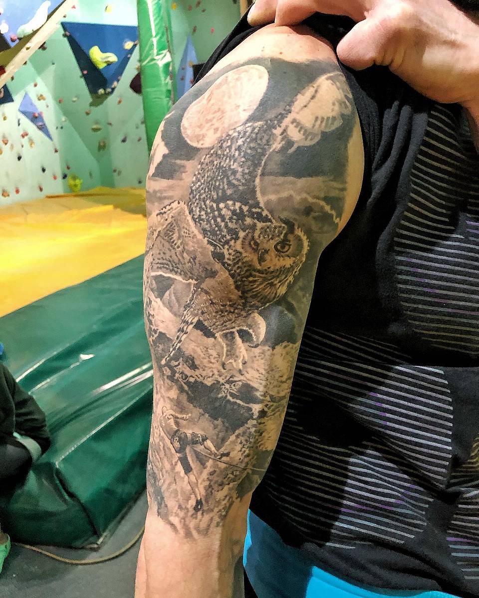 Moonlit Owl Over Mountain Climber